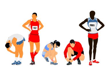 Maraton koşucuları başlangıç vektör illüstrasyonunu bekliyor. Sporcu atlet bitiş çizgisinde dinleniyor. Oyuncular oyuna konsantre olur. Birinci sınıf. Spor ayakkabısı bağlayan spor çift.