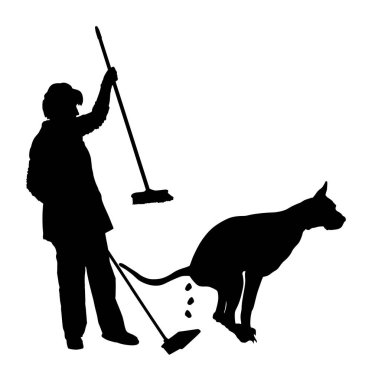 Owner duty cleaning lady clean up after dog poop pooping vector silhouette illustration isolated. Feces, poo. Design for park, banner, sign, icon. Dog shitting excrement. Public hygiene worker woman.