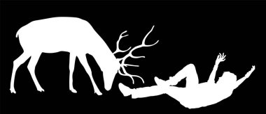 Geyik, yere düşen ve yer vektörü siluetinin üzerinde izole bir şekilde yatan adama saldırır. Kocaman boynuzları olan kızgın bir hayvan bölgeyi davetsiz misafirlere karşı korur. Açık hava hayvanat bahçesi savaşçısı tehlikede..