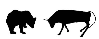 Boğa vektör siluetine karşı izole edilmiş bir şekilde ayı. Borsa sembolü hayvan erkek dövüşü. İş ve ekonomi endeksi şekil gölgesi. Güçlü ticari faaliyetler. Monet satın alıyor. Para konuşması.