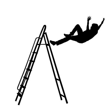 İşçi merdiven vektör silüetinden düşüyor. İş kazası. İşçi yüksekten yere düşer. Tamirat sırasında basamakta kayıp düşen becerikli bir adam. Yaralı çocuk sigortası işi.