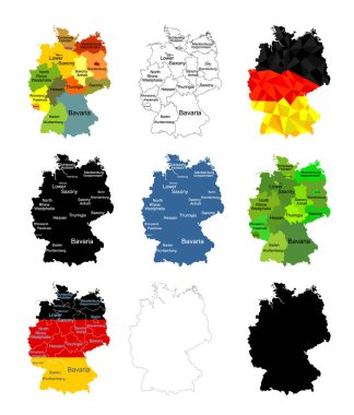 Almanya harita vektör silueti çizimi izole edildi. Deutschland özerk toplulukları. Renkli Almanya bölgeleri idari bölümler, vilayetler haritası. Çizgi çevresi Almanca düzenlenebilir harita şekli gölgesi