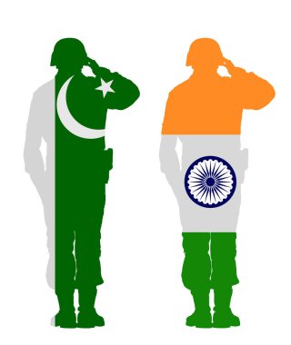 Düşman ordusu çatışması Pakistan askeri bayrağı Hindistan savaşçısı vektör siluetine karşı izole edilmiş. Savaş krizi diplomasisi anlaşması. Pazarlık anlaşması barış stratejisi. Asya 'da nükleer bomba