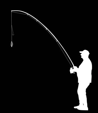 Elinde olta olan balıkçı, balık vektör siluetini izole edilmiş bir şekilde yakalıyor. Açık hava balık tutma sporu aktivitesi. Doğadaki su hobisi. Balıkçı adam nehre, göle ya da denize gider.