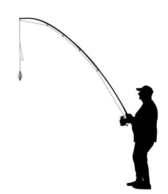 Elinde olta olan balıkçı, balık vektör siluetini izole edilmiş bir şekilde yakalıyor. Açık hava balık tutma sporu aktivitesi. Doğadaki su hobisi. Balıkçı adam nehre, göle ya da denize gider.