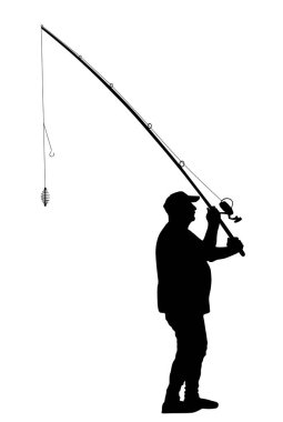 Elinde olta olan balıkçı, balık vektör siluetini izole edilmiş bir şekilde yakalıyor. Açık hava balık tutma sporu aktivitesi. Doğadaki su hobisi. Balıkçı adam nehre, göle ya da denize gider.