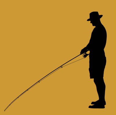 Elinde olta olan balıkçı, balık vektör siluetini izole edilmiş bir şekilde yakalıyor. Açık hava balık tutma sporu aktivitesi. Doğadaki su hobisi. Balıkçı adam nehre, göle ya da denize gider.