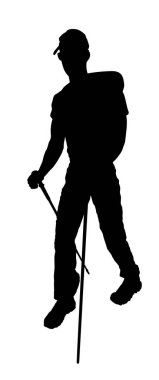 Sırt çantalı dağcı yürüyüşçüsü, yürüyen vektör silüeti izole edildi. Yürüyüş yapan aktif bir sporcu doğa dağında sokak aktivitesi yapıyor. Sporcu çocuk güç yürüyüşü yokuş yukarı.