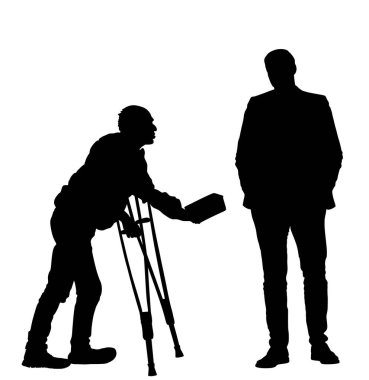 Koltuk değnekli evsiz dilenci iş adamı vektör siluetinden para dileniyor. Engelli kişi. Zavallı aç sakat, yemek için yardıma ihtiyacı var. Stresli sosyal toplum sahnesi.