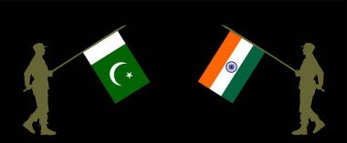 Düşman ordusu çatışması Pakistan askeri bayrağı Hindistan savaşçısı vektör siluetine karşı izole edilmiş. Savaş krizi diplomasisi anlaşması. Pazarlık anlaşması barış stratejisi. Asya 'da nükleer bomba