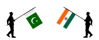 Düşman ordusu çatışması Pakistan askeri bayrağı Hindistan savaşçısı vektör siluetine karşı izole edilmiş. Savaş krizi diplomasisi anlaşması. Pazarlık anlaşması barış stratejisi. Asya 'da nükleer bomba