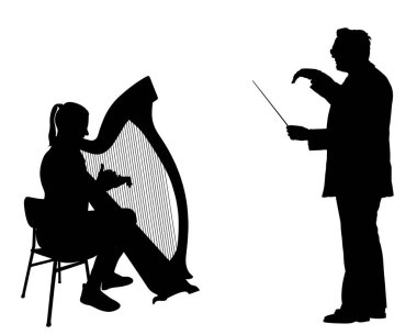 Müzik şefi vektör siluetinin önünde arp çalan kadın izole edildi. Kız telli çalgılar konser etkinliği. Bayan sanat sanatçısı. Klasik opera konserinde Liretli Müzisyen.