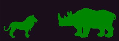 Av saldırısındaki aslan gergedan vektör silueti izole edildi. Aslan erkek gergedan avlıyor, dişleri olan büyük kızgın bir hayvan. Hayvan kralı büyük kedi. Afrika vahşi yaşam yırtıcısı açlığı. Hayatta kalma mücadelesi Safari.