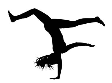 Genç kız takla egzersizi izole edildi. Amuda kalkan kadın vektör silueti çizimi. El pozunda duruyor. El duruşu akrobat şekilli gölge sanatçısı. Sirk dublörlüğü egzersizi.