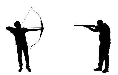Tüfekli askerlere nişan alan okçu adam vektör silueti çizimi izole edildi. Geleneksel silah kasesi ve oka karşı ateşli silah modern silah. Çocuk aileyi hırsız formundan koruyor. Şiddet suçu.