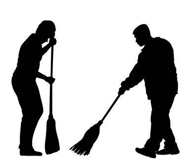 Süpürgeyle yerleri temizleyen bir çift ve bir adam. Hizmetçi besom vektör silueti çizimi izole edildi. Yerdeki kadın bakım servisi temiz hastaneyi yıkıyor. Ev işi için. Ev hanımı.