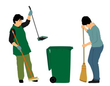 Süpürgeyle temizlikçi kadın. Temizlikçi kadın besom vektör çizimi izole edildi. Steril fabrikada, temiz hastanede kadın temizlik hizmetleri paspası. Ev işi için. Ev hanımı yerleri yıkıyor.