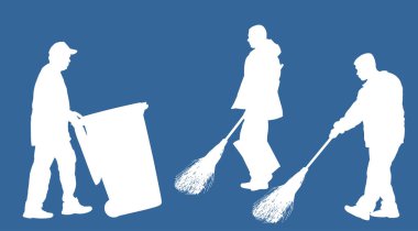 Sokak temizleme ekibi süpürge vektör silueti izole edildi. Erkek takım çalışması temizleyicisi. Erkek yer temizleme servisi. Açık havada temiz iş. Kentsel bakım kamu hizmetleri yerleri siliyor.