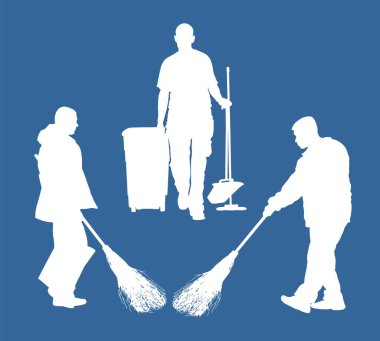 Sokak temizleme ekibi süpürge vektör silueti izole edildi. Erkek takım çalışması temizleyicisi. Erkek yer temizleme servisi. Açık havada temiz iş. Kentsel bakım kamu hizmetleri yerleri siliyor.