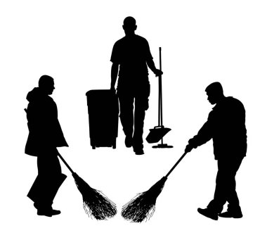 Sokak temizleme ekibi süpürge vektör silueti izole edildi. Erkek takım çalışması temizleyicisi. Erkek yer temizleme servisi. Açık havada temiz iş. Kentsel bakım kamu hizmetleri yerleri siliyor.