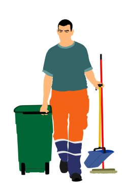 Sokak temizleyicisi süpürge ve geri dönüşüm çöp kutusu çizimi izole edildi. Daha temiz bir erkek. Erkek yer temizleme servisi. Açık havada temiz iş. Kentsel bakım kamu hizmetleri yerleri siliyor.