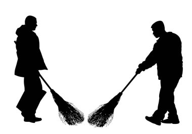 Sokak temizleme ekibi süpürge vektör silueti izole edildi. Erkek takım çalışması temizleyicisi. Erkek yer temizleme servisi. Açık havada temiz iş. Kentsel bakım kamu hizmetleri yerleri siliyor.