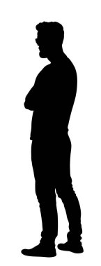 Yakışıklı kentsel adam vektör silueti çizimi izole edildi. Güzel çocuk poz veriyor. Erkek moda figürü pozu. Zarif bir beyefendi. Gözlüklü, saç stili modaya uygun bir manken. Maço adam..