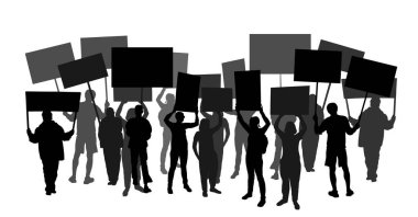 Bir grup insan protestocu vektör siluet çizimini izole etti. Adam el ele tutuşma işareti. Boş pankart levhası. Boş protesto bayrağı. Politik kışkırtma kampanyası. Gösteri sosyal işçi hakları