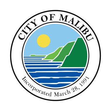 Malibu arması şehir bayrağı taşıyıcısı, Santa Monica Dağları bölgesi, Los Angeles, California eyaleti, Amerika Birleşik Devletleri, ABD şehir işareti. Malibu şehrinin amblem pankartı. Etiket Malibu Şehri.