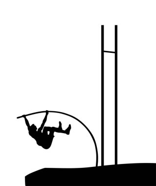 Beyaz arka planda izole edilmiş sırıkla atlama sporcusu vektör silueti çizimi. Yüksek atlama sporcusu şekli. Sporcu çocuk yüksek rampa çubuğundan atlama gölgesinden atladı. Sporcu erkek atlamacı..