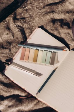 Öğrenci kız yazın dışarıda çalışıyor. Holliday 'de yeşil çimlerin üzerinde dizüstü bilgisayar kullanıyor ve not alıyor.