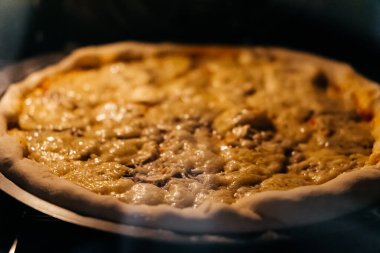 Elektrikli fırında peynirli pizza pişirmek. Yüksek kalite fotoğraf