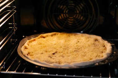 Elektrikli fırında peynirli pizza pişirmek. Yüksek kalite fotoğraf