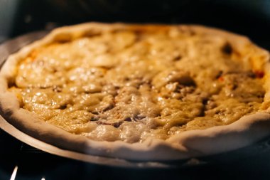 Elektrikli fırında peynirli pizza pişirmek. Yüksek kalite fotoğraf