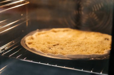 Elektrikli fırında peynirli pizza pişirmek. Yüksek kalite fotoğraf
