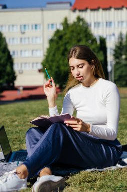 Öğrenci kız yazın dışarıda çalışıyor. Holliday 'de yeşil çimlerin üzerinde dizüstü bilgisayar kullanıyor ve not alıyor.