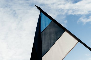 Kış güneşinde bir sıra Estonya bayrağı dalgalanarak tarihi bir şehri vatansever renklerle süslüyor. Yüksek kalite fotoğraf