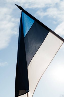 Kış güneşinde bir sıra Estonya bayrağı dalgalanarak tarihi bir şehri vatansever renklerle süslüyor. Yüksek kalite fotoğraf