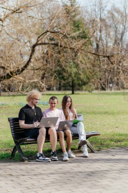 Güneşli bir günde, üç neşeli öğrenci, parkta bir bankta otururken dizüstü bilgisayar ve not defteri kullanarak birlikte çalışır ve birlikte çalışırlar. Yüksek kalite fotoğraf