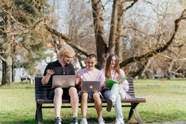 Güneşli bir günde, üç neşeli öğrenci, parkta bir bankta otururken dizüstü bilgisayar ve not defteri kullanarak birlikte çalışır ve birlikte çalışırlar. Yüksek kalite fotoğraf