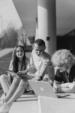 Güneşli bir günde bir grup öğrenci modern bir üniversite binasının önünde dizüstü bilgisayar çalışıyor ve kullanıyor. Yüksek kalite fotoğraf