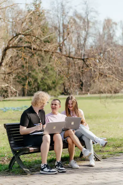 Güneşli bir günde, üç neşeli öğrenci, parkta bir bankta otururken dizüstü bilgisayar ve not defteri kullanarak birlikte çalışır ve birlikte çalışırlar. Yüksek kalite fotoğraf