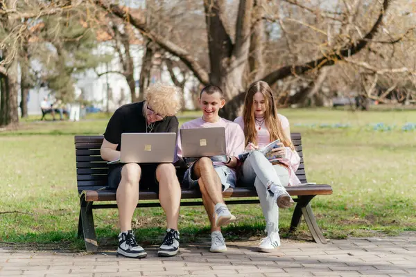 Güneşli bir günde, üç neşeli öğrenci, parkta bir bankta otururken dizüstü bilgisayar ve not defteri kullanarak birlikte çalışır ve birlikte çalışırlar. Yüksek kalite fotoğraf