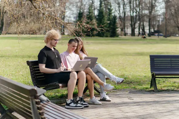 Güneşli bir günde, üç neşeli öğrenci, parkta bir bankta otururken dizüstü bilgisayar ve not defteri kullanarak birlikte çalışır ve birlikte çalışırlar. Yüksek kalite fotoğraf
