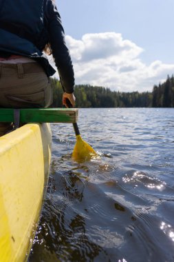 Estonya 'da sakin bir orman gölünde kano macerası. Güneş ışığı ve manzaralı. Yüksek kalite fotoğraf