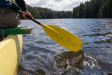 Estonya 'da sakin bir orman gölünde kano macerası. Güneş ışığı ve manzaralı. Yüksek kalite fotoğraf