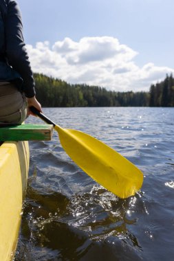 Estonya 'da sakin bir orman gölünde kano macerası. Güneş ışığı ve manzaralı. Yüksek kalite fotoğraf