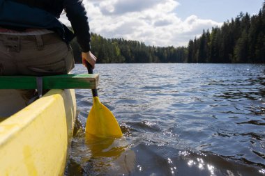 Estonya 'da sakin bir orman gölünde kano macerası. Güneş ışığı ve manzaralı. Yüksek kalite fotoğraf