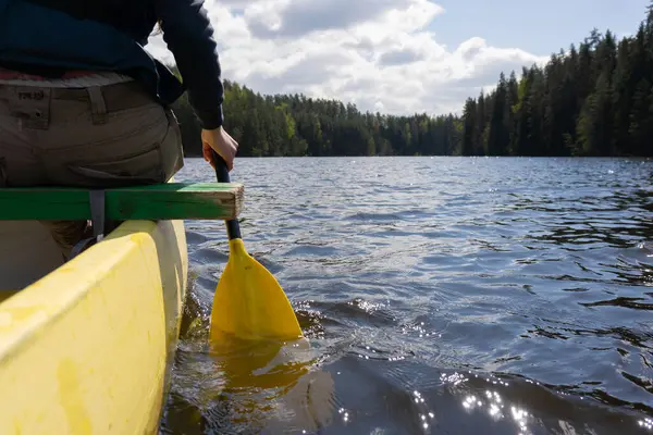 Estonya 'da sakin bir orman gölünde kano macerası. Güneş ışığı ve manzaralı. Yüksek kalite fotoğraf