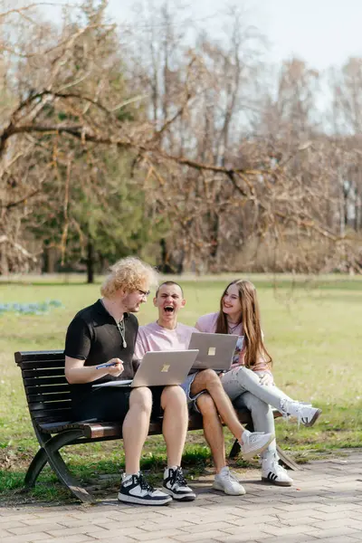 Güneşli bir günde, üç neşeli öğrenci, parkta bir bankta otururken dizüstü bilgisayar ve not defteri kullanarak birlikte çalışır ve birlikte çalışırlar. Yüksek kalite fotoğraf